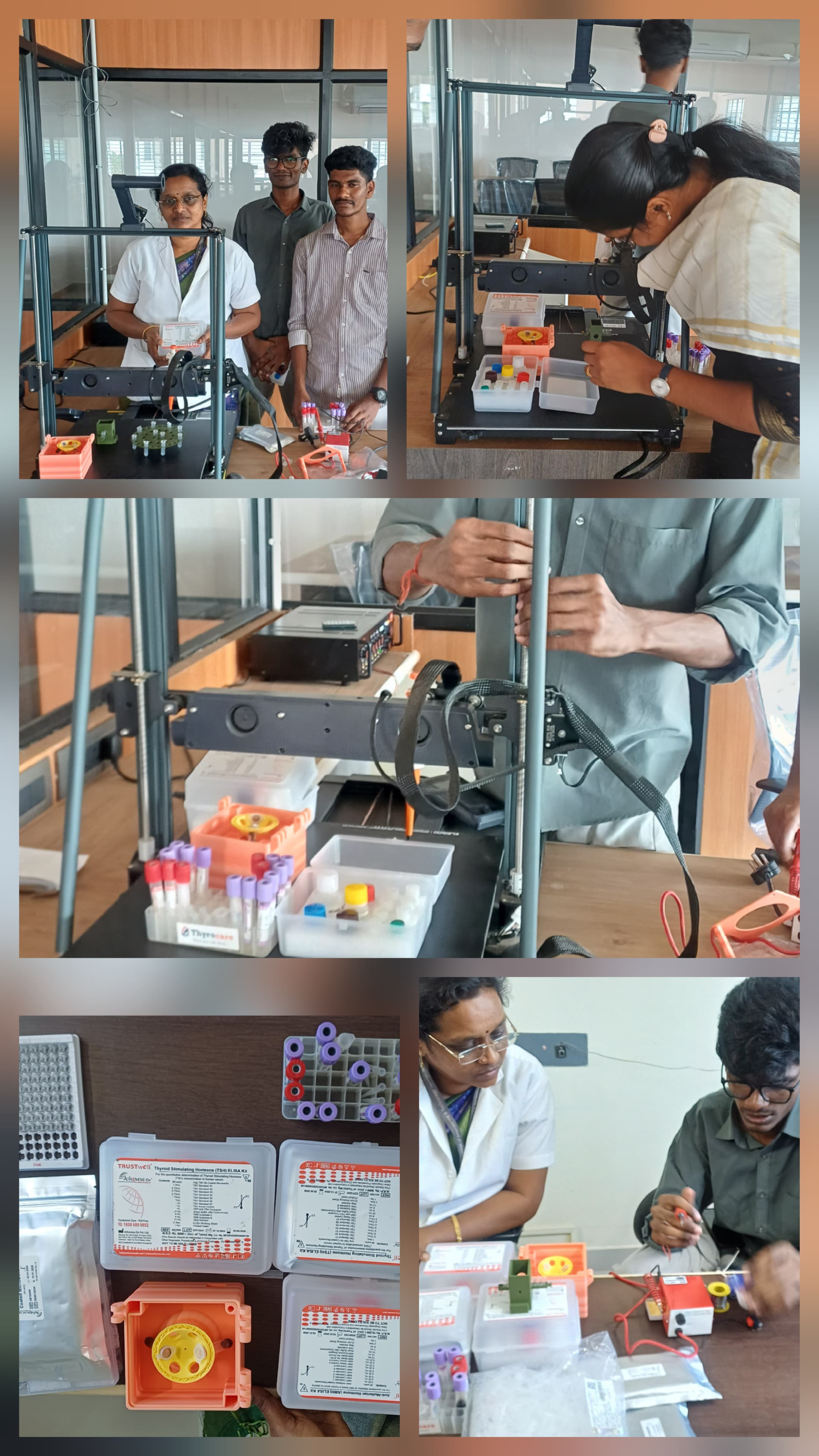 Research team in the lab with hormone ELISA reference kits and the 3D-printed centrifuge.